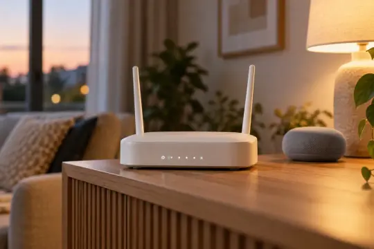 Domowy router Wi-Fi obok inteligentnego głośnika na półce