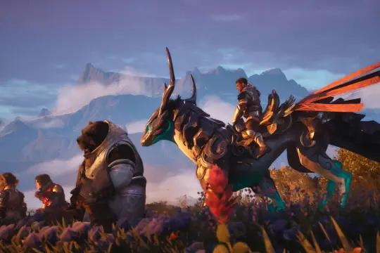 Witaj w świecie Guild Wars 3! Wojownicy w zbrojach, w tym niedźwiedź, siedzą na łące. Na grzbiecie smoczego wierzchowca siedzi jeździec.