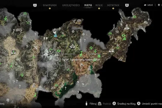 Mapa Horizon Forbidden West z zaznaczonymi celami i trofeami. Widoczna lokacja "Żyraf: Cynobrzany".