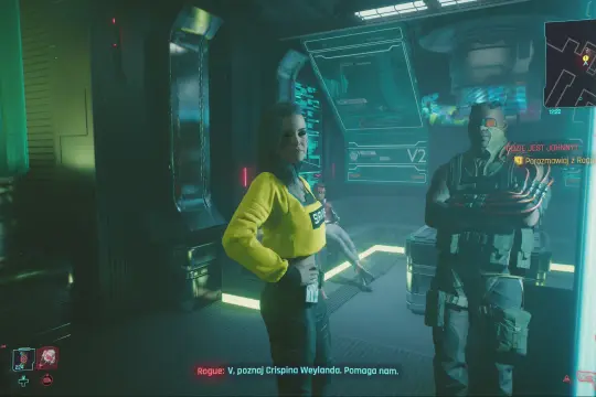 Rogue pyta: "Gdzie jest Johnny?". V rozmawia z Crispinem Weylandem, który pomaga im w Cyberpunk 2077.