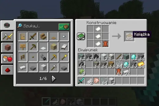 Interfejs gry Minecraft pokazujący tworzenie książki z papieru i skóry.