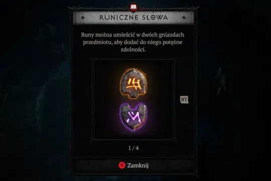 Dwa świecące runy, jeden żółty, drugi fioletowy, czekają na połączenie w Diablo 2.