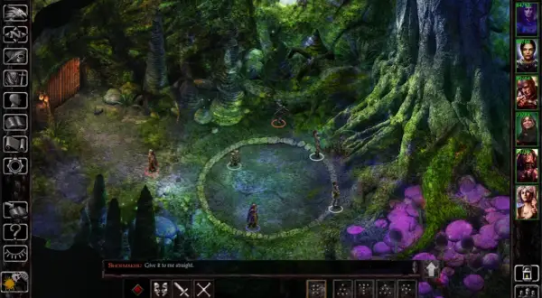 Postacie w magicznym lesie, przygotowujące się do walki. Wskazówka do gry Siege of Dragonspear solucja.
