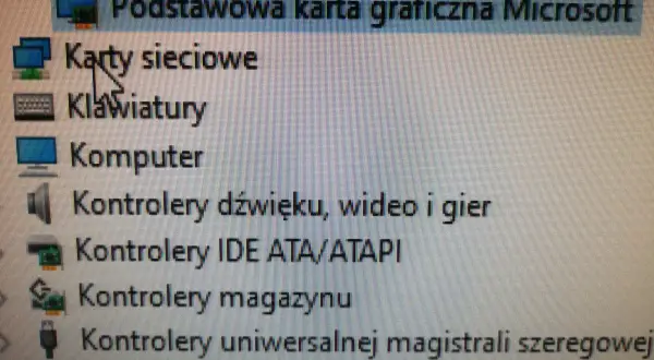 Jak sprawdzić kartę graficzną w Win11? Widok Menedżera urządzeń, gdzie widać "Podstawowa karta graficzna Microsoft".