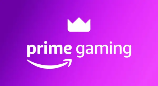 Logo Prime Gaming z koroną i strzałką Amazon na fioletowym tle.