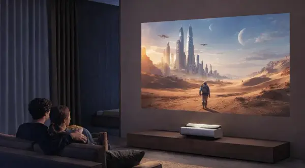Para ogląda film na wielkim ekranie, tworząc domowe kino z projektorem zamiast tv.
