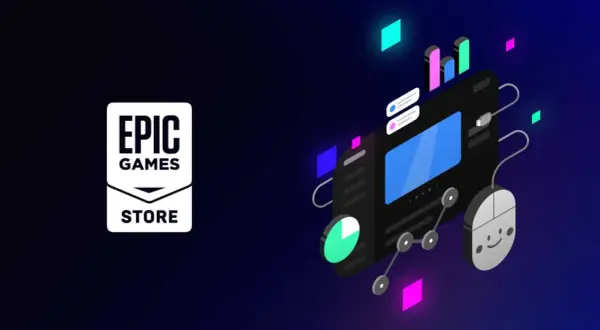 Logo Epic Games Store obok stylizowanej grafiki z myszką i ekranem, sugerujące darmowa gra epic.