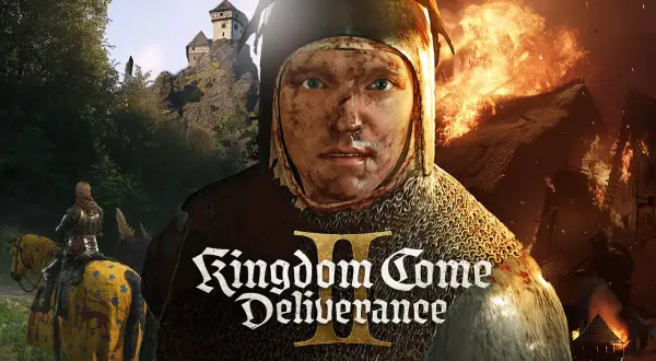 Zniszczona wioska płonie, rycerz na koniu w tle, a na pierwszym planie twarz w hełmie. Zapowiedź Kingdom Come Deliverance II.