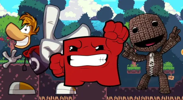 Rayman, Super Meat Boy i Sackboy, bohaterowie kultowych gry platformowe pc, pozdrawiają na tle pixelartowej przygody.