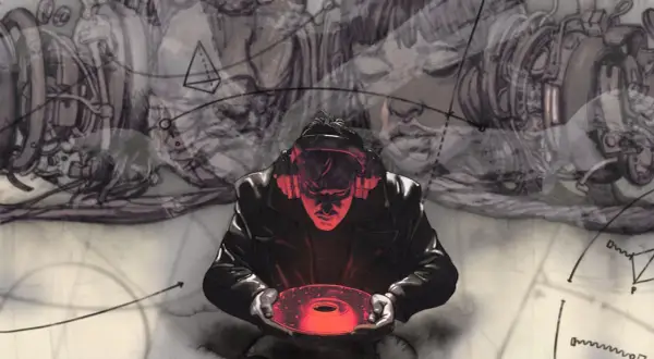 Mężczyzna w słuchawkach trzyma świecącą płytę. Tło sugeruje świat Disco Elysium 2, pełen mechanizmów i abstrakcyjnych form.