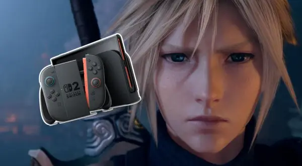 Cloud z Final Fantasy VII obok konsoli Nintendo Switch.
