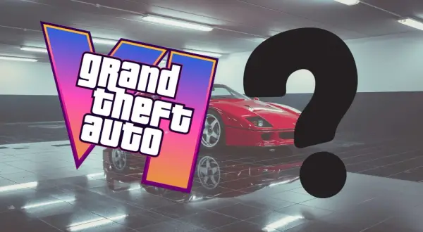 Logo Grand Theft Auto i czerwony samochód sportowy w garażu. Czy to zapowiedź GTA 6 od Rockstar Games?