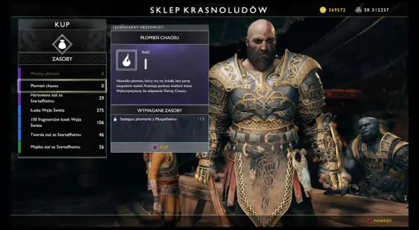 Kratos w grze God of War 2018 w sklepie Krasnoludów, przymierza się do zakupu Płomienia Chaosu.