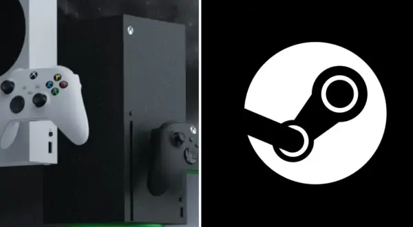 Dwa Xboxy z kontrolerami obok logo Steam. Czyżby przyszłość gier na Xbox?