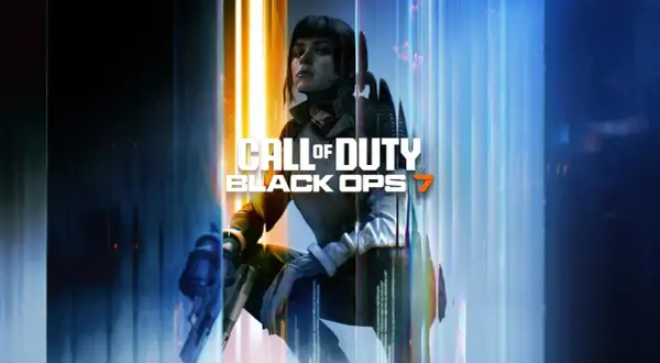 Kobieta w futurystycznym stroju, gotowa do akcji, z bronią w ręku. Tytuł gry Call of Duty Black Ops 7 na tle neonowych świateł.