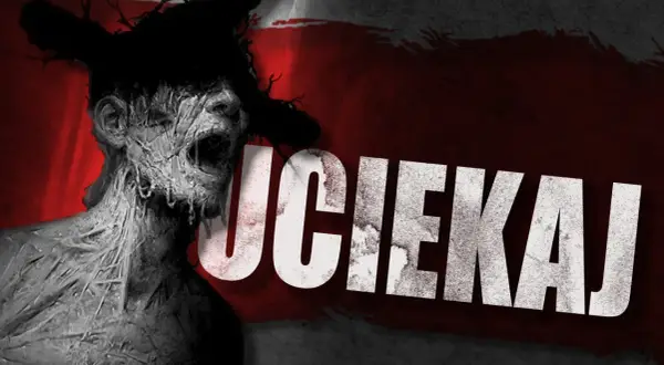 Przerażająca postać z opuchniętą twarzą i otwartymi ustami, jakby krzyczała. Napis "UCIEKAJ" sugeruje, że to dzieło od acid wizard studio.