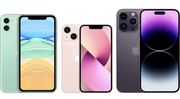 Trzy modele iPhone'ów: zielony, różowy i fioletowy. Zastanawiasz się, jaki jest najnowszy iPhone? Ten fioletowy to najnowszy model.