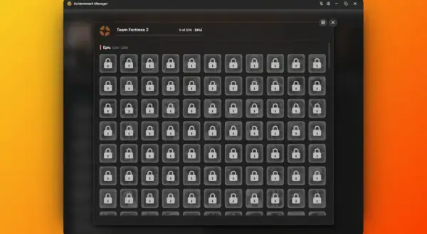 Interfejs Steam Achievement Manager z widokiem na osiągnięcia gry Team Fortress 2. Wszystkie ikony osiągnięć są zablokowane.