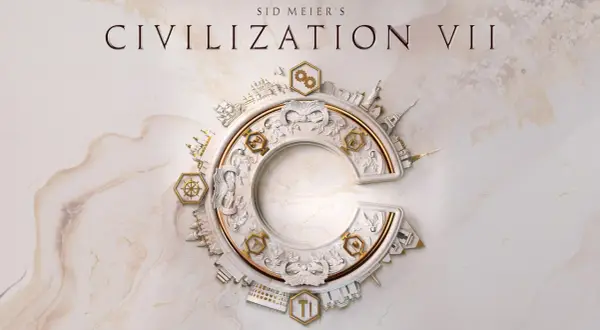 Logo gry Civilization VII z elementami architektonicznymi i symbolami postępu.