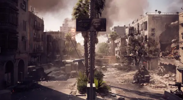 Zniszczone miasto, palmy i billboard z twarzą kobiety. To scena z gry Battlefield 6, dostępnej w ramach Game Pass.