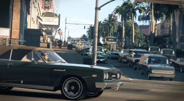 Uliczny ruch w stylu lat 60. z klasycznymi autami, idealny do gry Mafia 3. Wymagania sprzętowe tej gry pozwalają na taką grafikę.