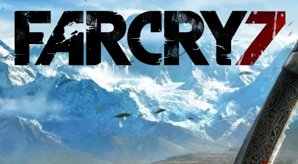 Napis "FAR CRY 7" na tle ośnieżonych gór. Widoczny fragment ozdobnego ostrza.