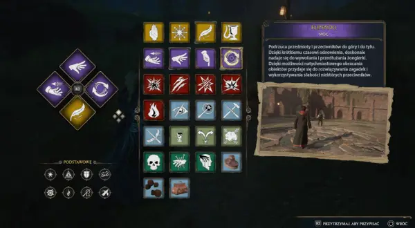 Interfejs gry Hogwarts Legacy z ikonami zaklęć, w tym Flipendo.