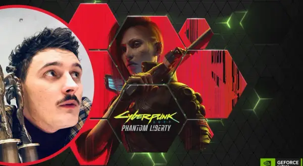 Dawid Podsiadło w stylu cyberpunk, obok postaci z gry Cyberpunk 2077: Phantom Liberty.