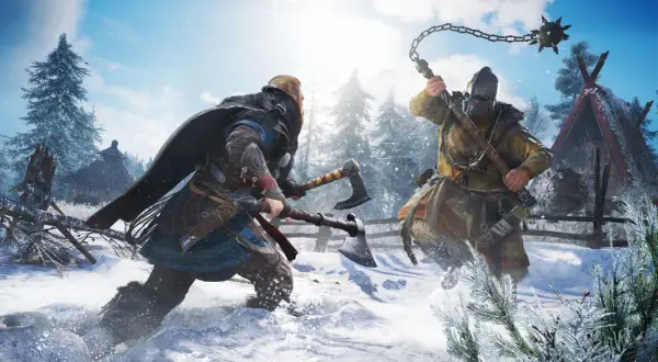 Dwóch wikingów walczy w śnieżnym lesie. Jeden z nich dzierży dwie siekiery, drugi – cep bojowy. To scena z gry Assassin's Creed Valhalla, która może być częścią poradnika.
