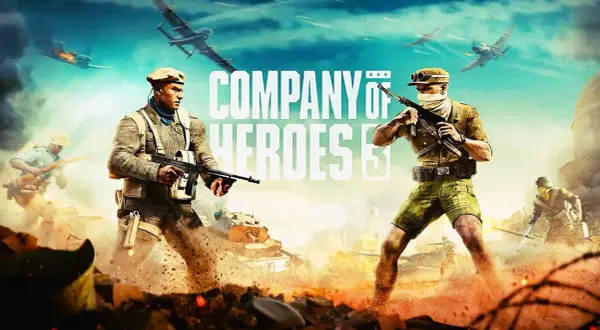 Dwóch żołnierzy z bronią w ręku, czołgi i samoloty w tle. To okładka gry Company of Heroes 3, zapowiadająca epickie bitwy.