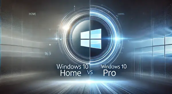 Porównanie Windows 10 Home vs Pro. Centralnie umieszczone logo Windows, podzielone na dwie części, symbolizuje wybór między wersjami systemu.