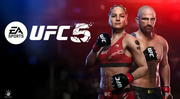 Logo EA Sports UFC 5 z zawodniczką i zawodnikiem MMA. Gra UFC PC zapowiada emocjonujące starcia.