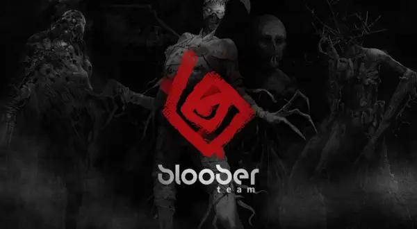 Mroczne postacie z gry Bloober Team, w tym przerażająca istota z rogami i mechaniczne monstrum, otaczają czerwony symbol.