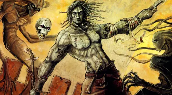 Nieśmiertelny walczy z potworami, trzymając czaszkę i miecz. Klimat jak z Planescape: Torment.