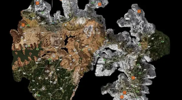 Mapa świata z gry Horizon Zero Dawn. Wskazówki i lokacje zaznaczone numerami, pomocne w grze.