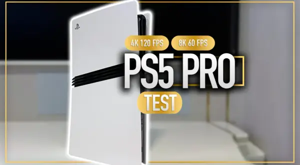 Biała konsola PS5 PRO z napisem "TEST" i informacjami o 4K 120 FPS oraz 8K 60 FPS.