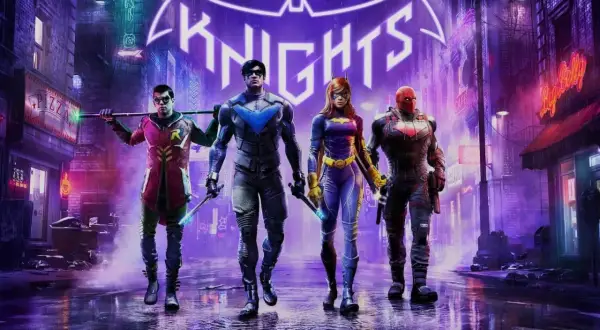 Czterech bohaterów Gotham Knights, Nightwing, Robin, Batgirl i Red Hood, idzie nocą przez neonowe ulice Gotham.