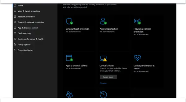 Interfejs Windows Defender z sekcjami ochrony przed wirusami, kontem, zaporą sieciową i innymi. Wszystko działa poprawnie.