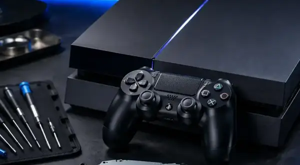 Konsola PS4 i kontroler na stole, gotowe do akcji. Premiera nowej konsoli to zawsze ekscytujący czas dla graczy.