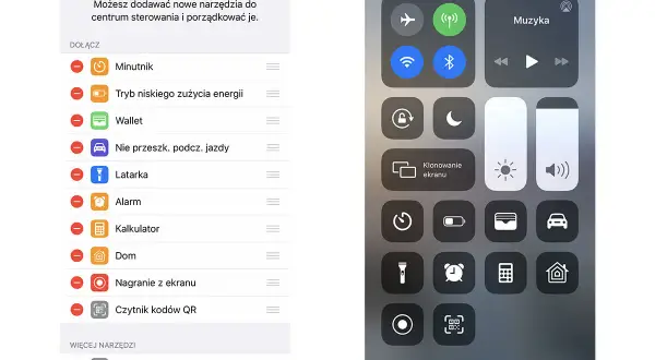 Nagrywanie ekranu iPhone w centrum sterowania. Widoczne opcje: latarka, alarm, kalkulator, dom, nagranie z ekranu, aparat.