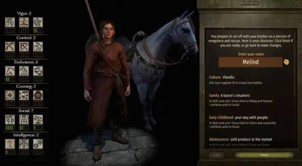 Postać z gry Mount & Blade: Bannerlord, Melind, z koniem. Widać statystyki postaci i opcje rozwoju, jakby szukać mount and blade kody.