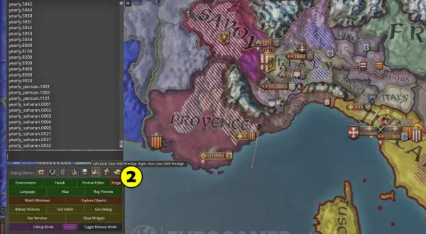Gra Crusader Kings 2 z włączonym trybem debugowania, pokazującym mapę Europy i opcje edycji.