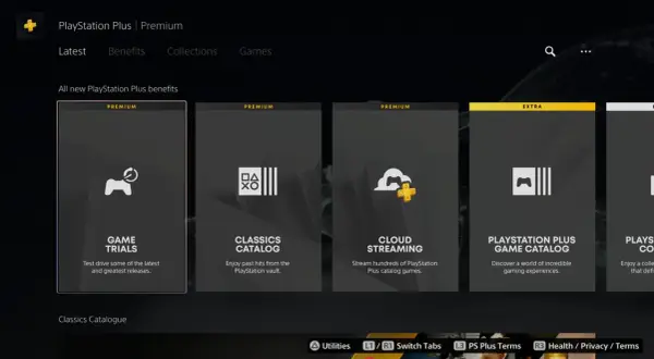 Ekran PlayStation Plus Premium prezentuje korzyści: Game Trials, Classics Catalog, Cloud Streaming i PlayStation Plus Game Catalog. To jak Game Pass, ale od Sony.