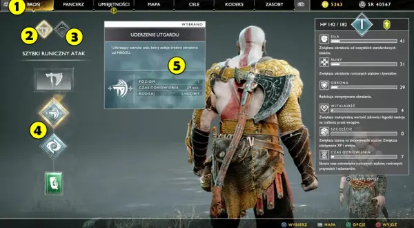 God of War poradnik: Kratos w menu umiejętności, wybiera atak "Uderzenie Utgardu". Widoczne statystyki postaci i drzewko rozwoju.