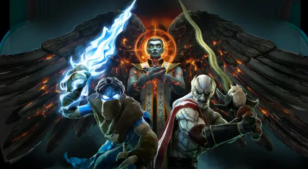 Trzech wojowników z gry Legacy of Kain: Raziel, Kain i Vorlag, z płonącymi skrzydłami w tle.