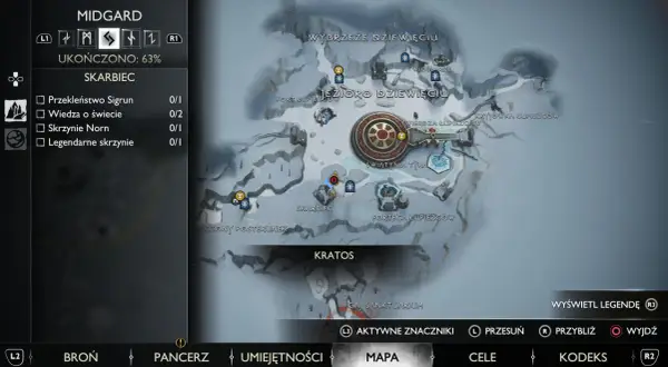 Mapa God of War Ragnarok w Midgardzie. W menu "Skarbiec" widać postęp w zbieraniu przedmiotów, w tym 0/1 Skrzynie Norn.