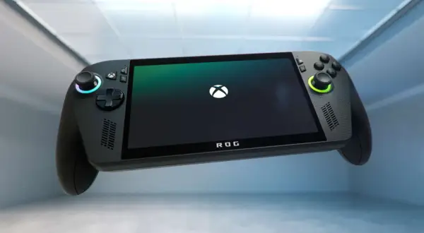 Ręczny komputer do gier ROG Ally z logo Xbox na ekranie, gotowy do akcji.