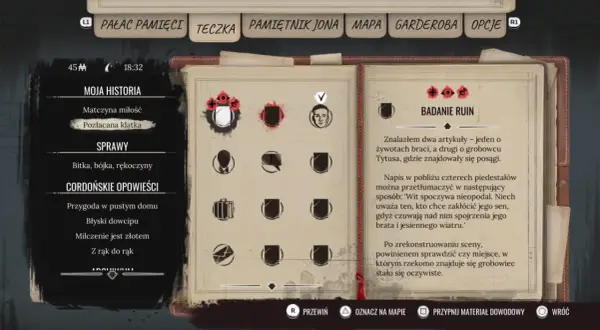 Menu gry Sherlock Holmes Chapter One. Widok na zakładki: Moja Historia, Sprawy, Cordońskie Opowieści i Badanie Ruin. Poradnik.