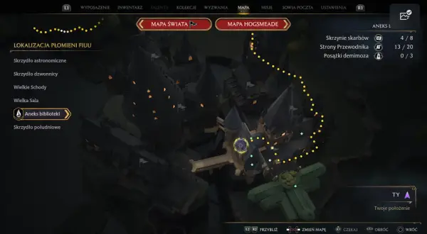 Mapa Hogwartu z zaznaczonymi płomieniami fiuu. Szukasz kluczy Dedala, by odblokować kolejne sekrety zamku.