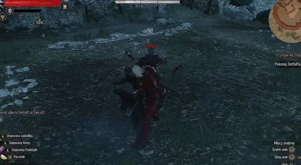Geralt walczy z Dettlaffem, zadając mu obrażenia. Cel: pokonaj Dettlaffa.